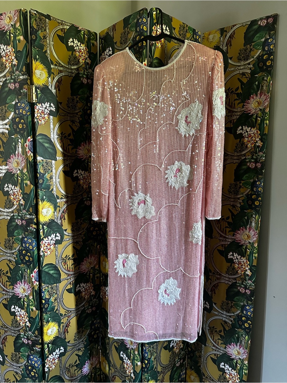 Vintage 80s Silk Paris Midi Embellished Pink Beaded Floral Shift Dress Scala S
